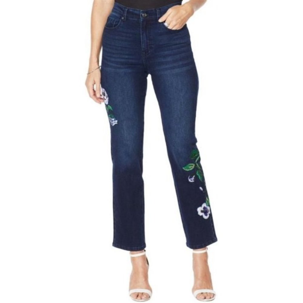 NWT DG2 DIANE GILMAN STRETCH EMBROIDERED STRAIGHT-LEG‎ JEANS INDIGO 0T (TALL)